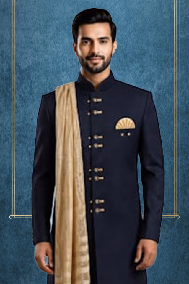 Royal Black Sherwani with Golden Buttons and Embroidered Dupatta for Weddings — back view, rent in Bangalore