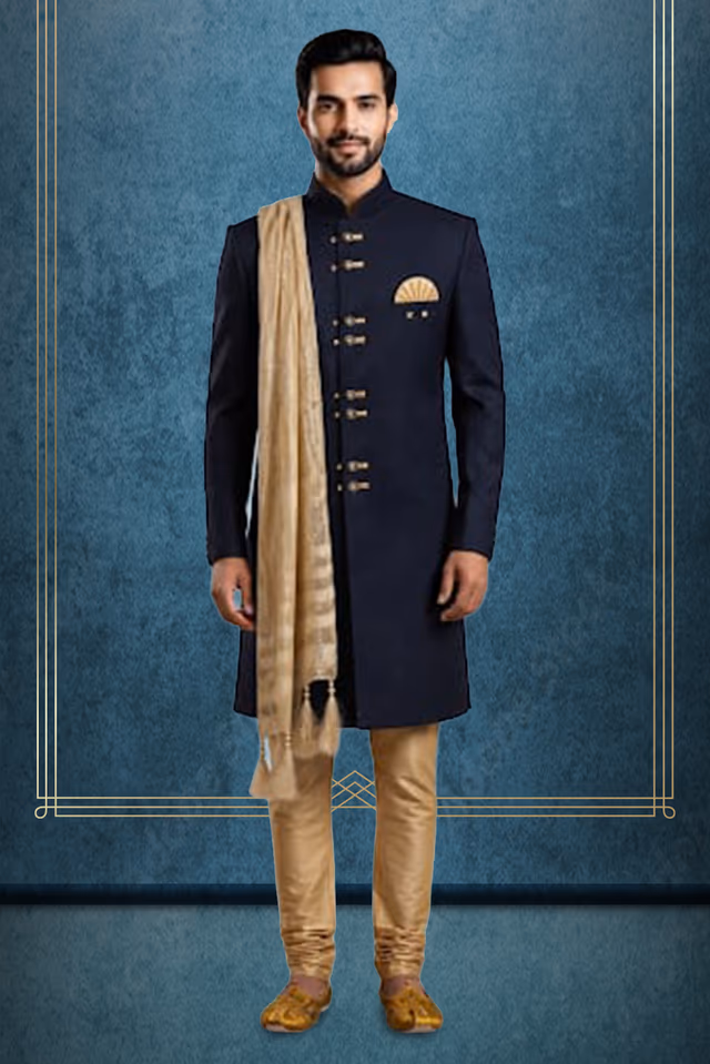 Royal Black Sherwani with Golden Buttons and Embroidered Dupatta for Weddings — rent in Bangalore