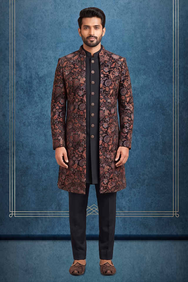 Royal Black Velvet Open-Front Sherwani Jacket with Multicolor Floral Threadwork — rent in Kochi