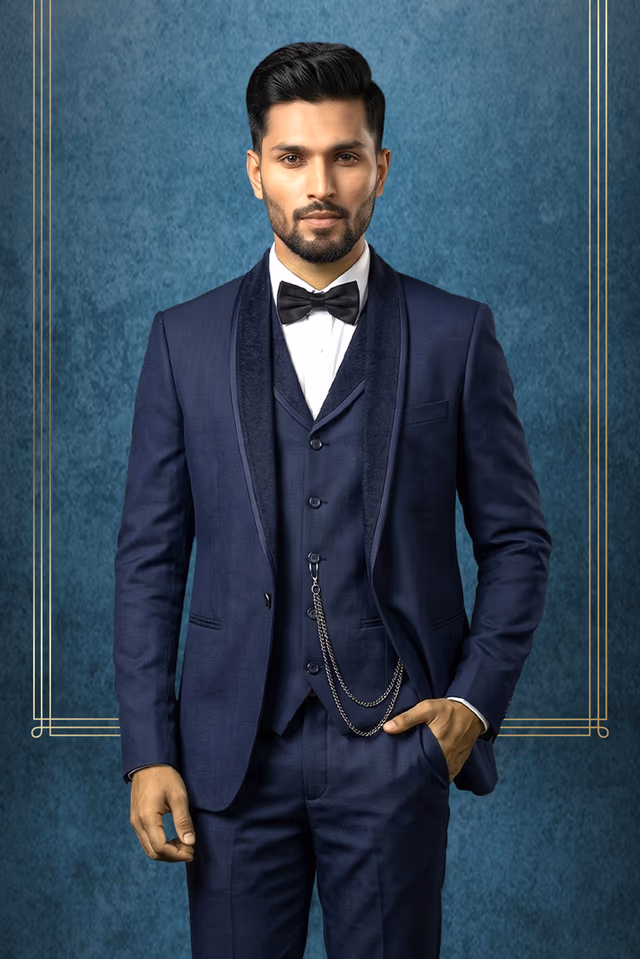 Royal Blue Designer Tuxedo 3-Piece Suit with Shawl Lapel — back view, rent in Coimbatore