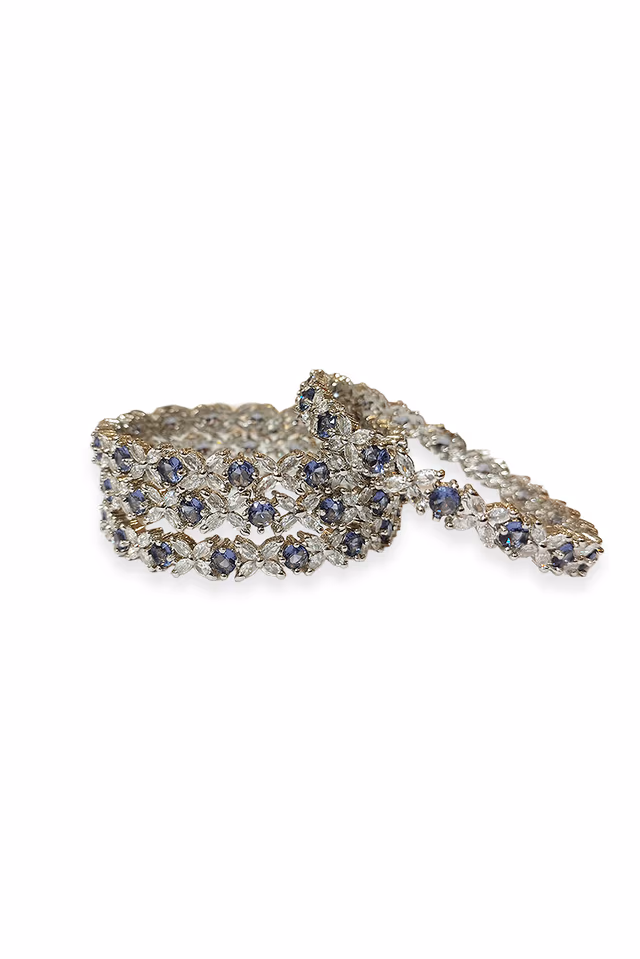 "Royal Blue Gemstone Flower Motif Silver Plated Designer Bangle Set  " — rent in Calicut