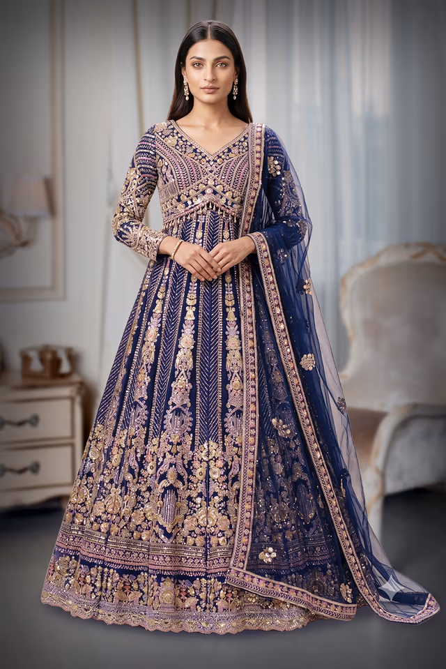 Royal Blue & Multi-Toned Gold Zardozi Heavily Embroidered Lehanga  Set with Net Dupatta — back view, rent in Kochi