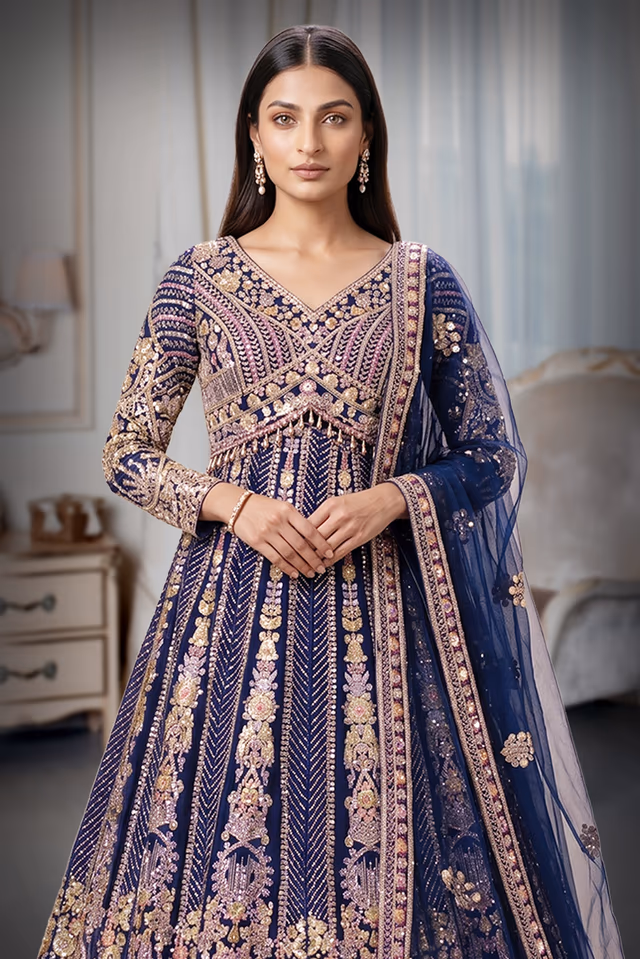 Royal Blue & Multi-Toned Gold Zardozi Heavily Embroidered Lehanga  Set with Net Dupatta — rent in Kochi