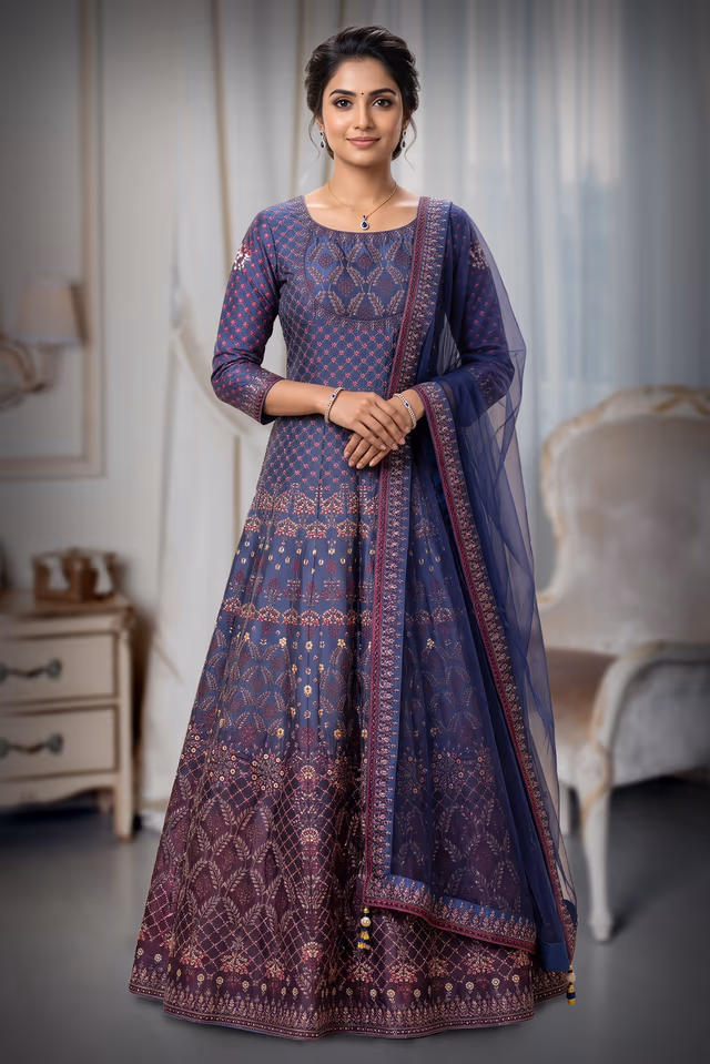 Royal Blue Printed Silk-Blend Anarkali Gown with Matching Net Dupatta — back view, rent in Edappally