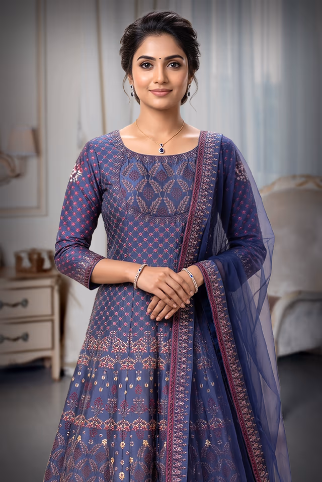 Royal Blue Printed Silk-Blend Anarkali Gown with Matching Net Dupatta — rent in Edappally
