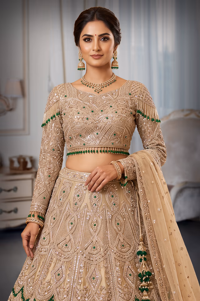 Royal Champagne Embroidered Bridal Lehenga — rent in Coimbatore