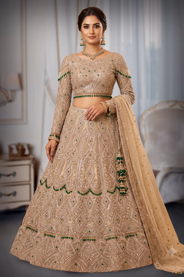 Royal Champagne Embroidered Bridal Lehenga — back view, rent in Coimbatore