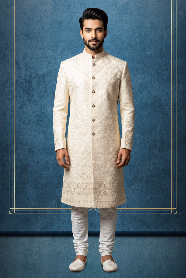 Royal Ivory-Cream Silk Sherwani with All-Over Geometric Thread Embroidery — rent in Kochi