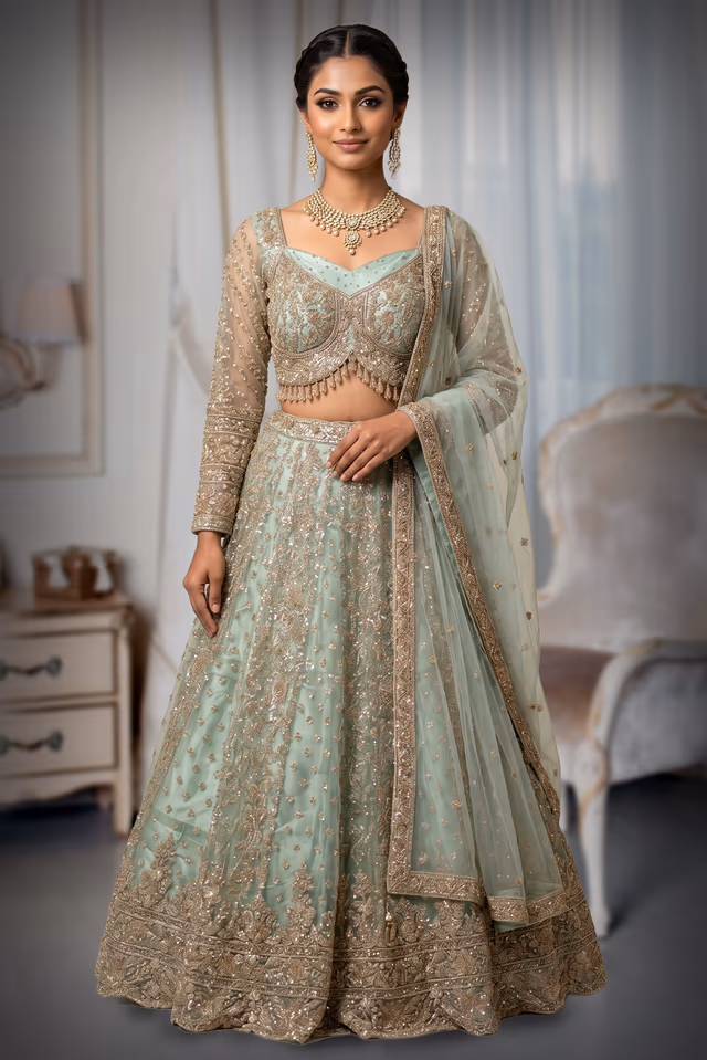 Sage Green Embroidered Lehenga — back view, rent in Coimbatore