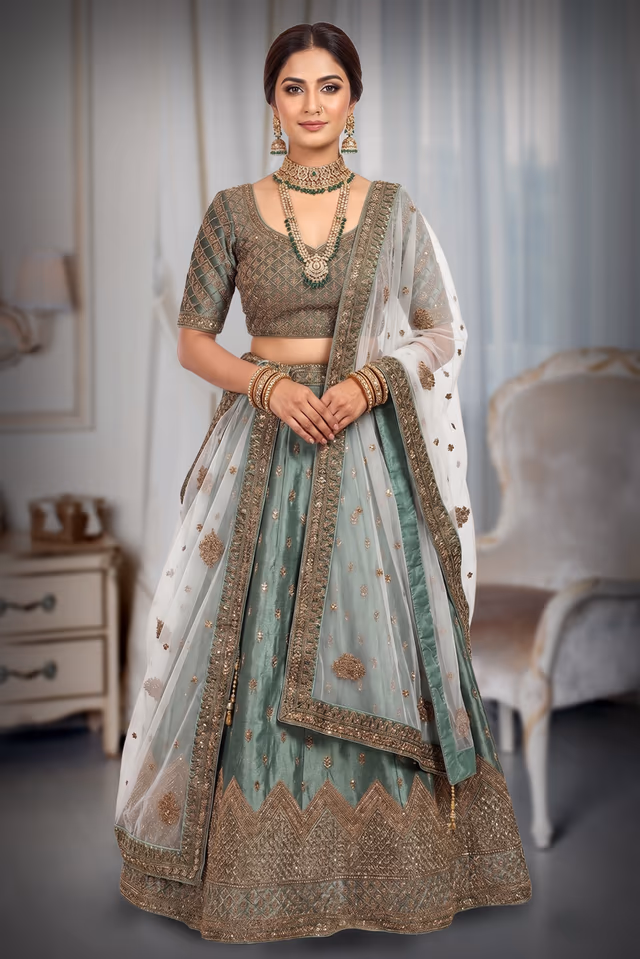 Sage Green Velvet Lehenga With Golden Geometric Embroidered Net Design — back view, rent in Bangalore