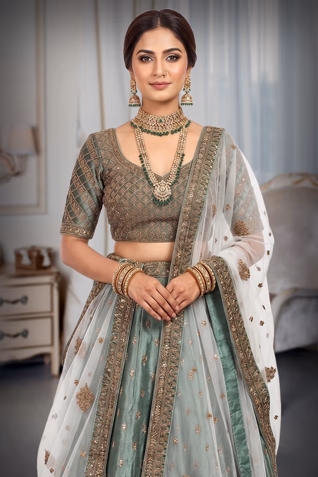 Sage Green Velvet Lehenga With Golden Geometric Embroidered Net Design — rent in Bangalore
