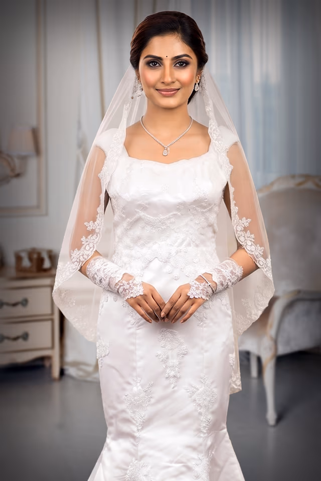 Satin Fish-Cut Christian Wedding Gown with Intricate Cutwork and Sugar Beads — rent in Bangalore