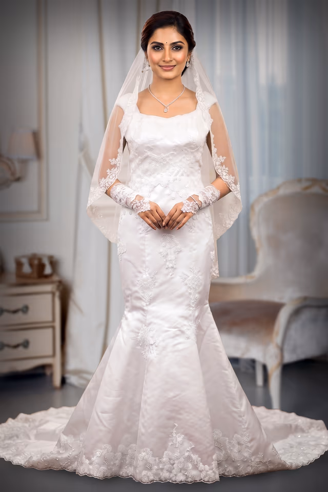 Satin Fish-Cut Christian Wedding Gown with Intricate Cutwork and Sugar Beads — back view, rent in Bangalore