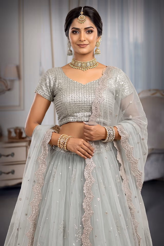 Sea Green Netted Lehenga with Elegant Sequin Work and Cap Sleeves — rent in Bangalore