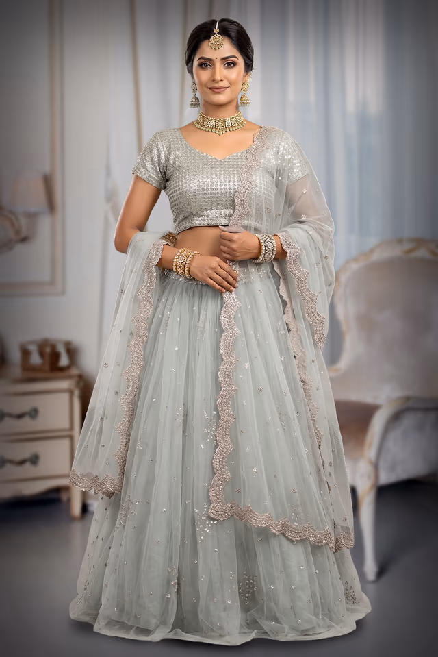 Sea Green Netted Lehenga with Elegant Sequin Work and Cap Sleeves — back view, rent in Bangalore