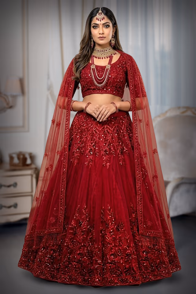 Sheer Net Red Lehenga With heavy surface Embellishment overall Bodice and skirtt — back view, rent in Coimbatore