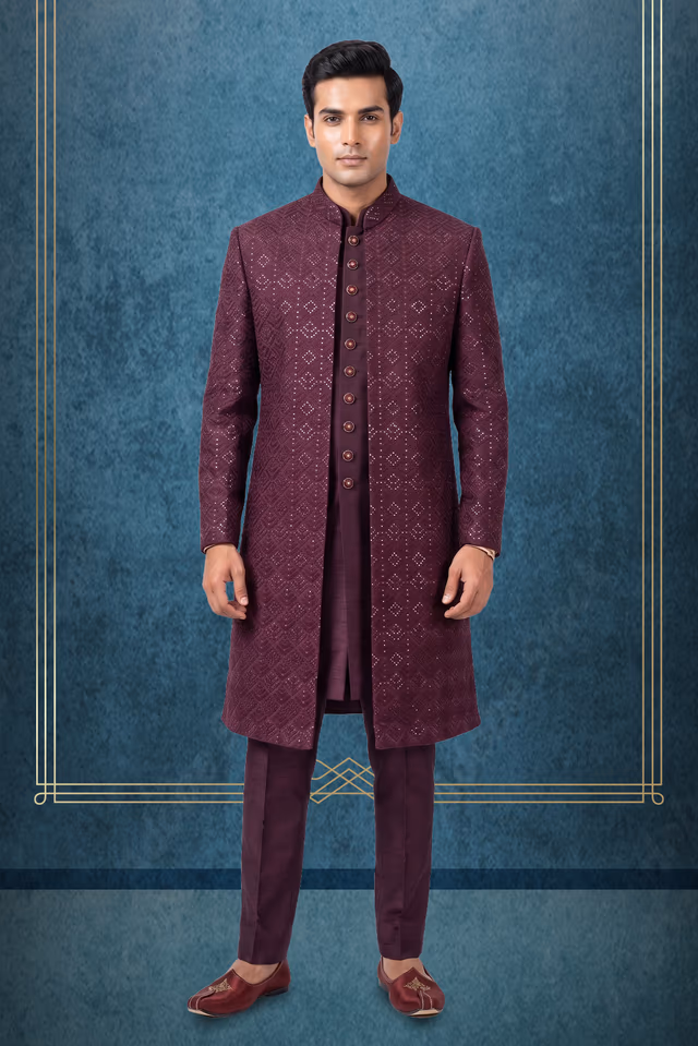 Deep Wine Indowestern Sherwani with Geometric Sequin Pattern — rent in Kochi