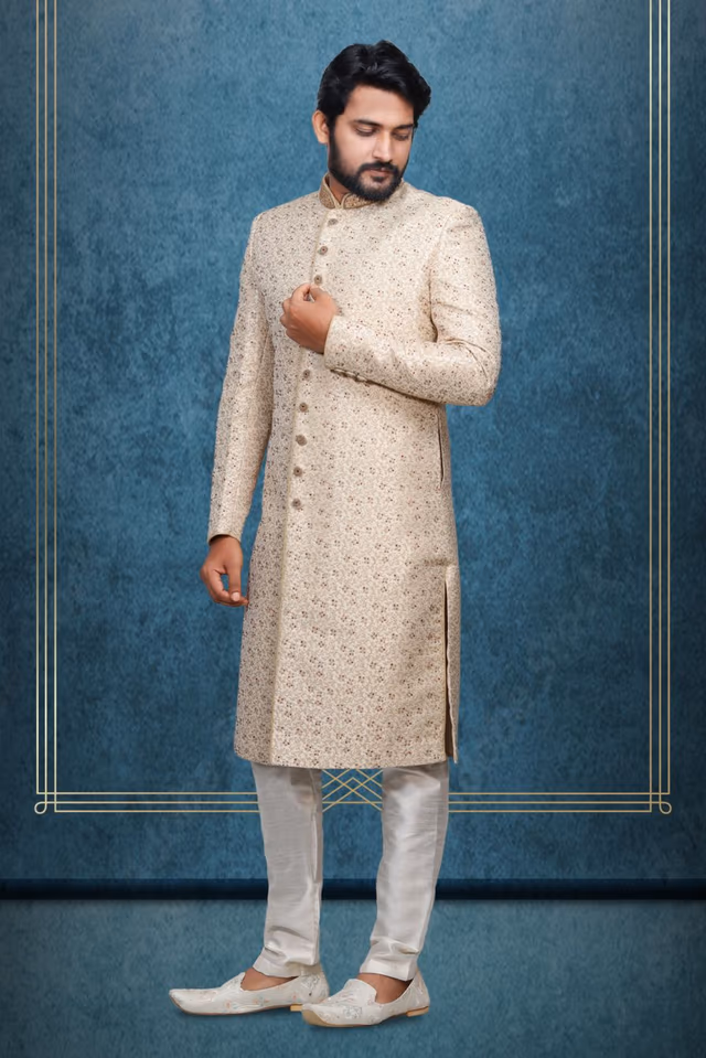 Golden Colour Jaquard Textured Single Sherwani With Minimal Stone Work Embellishment — back view, rent in Calicut