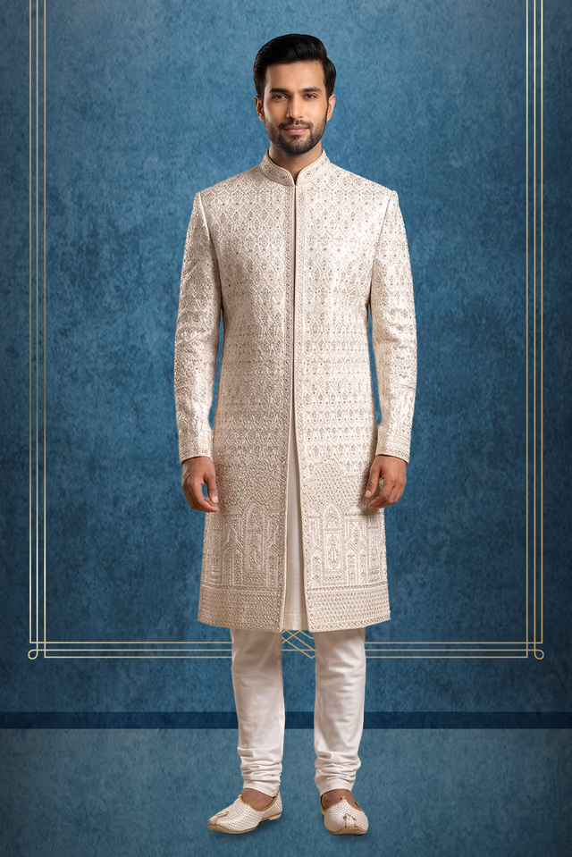 Elegant Ivory Sherwani With Intricate Embroidery For Grand Wedding Occasions — rent in Bangalore