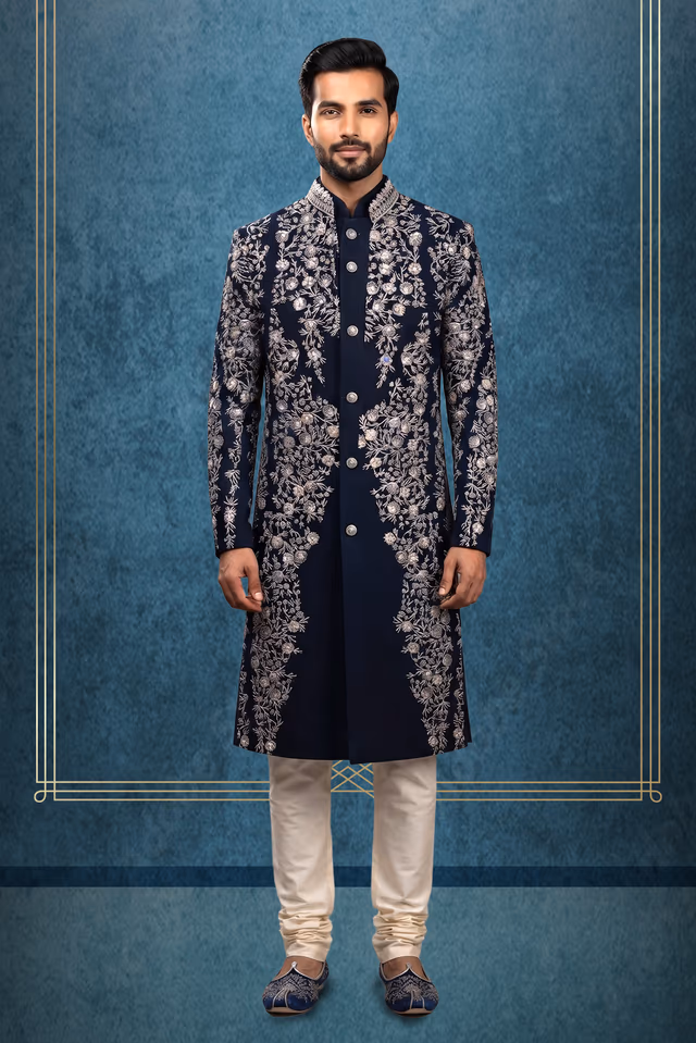 Shine Bright At Any Special Event In This Opulent Navy Blue Sherwani Beautifully Highlighted With Silver… — rent in Calicut
