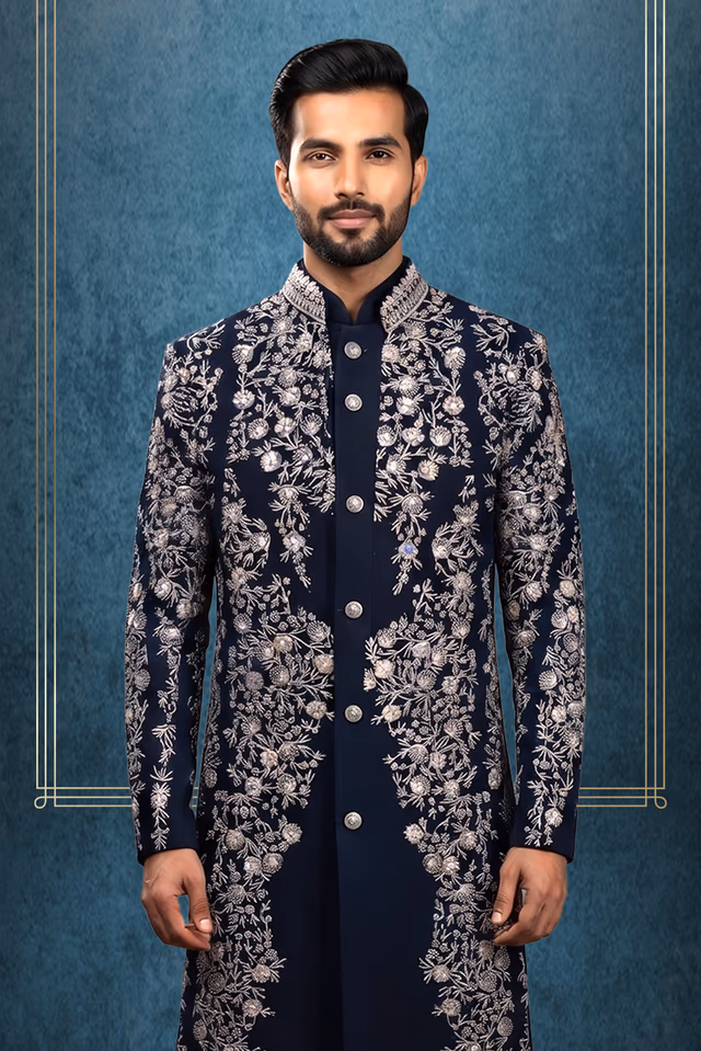 Shine Bright At Any Special Event In This Opulent Navy Blue Sherwani Beautifully Highlighted… — back view, rent in Calicut