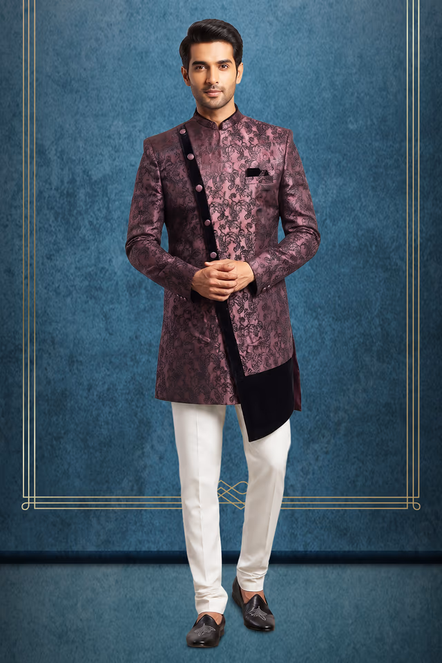 Silky Jacquard Purple And Black Indowestern — rent in Bangalore