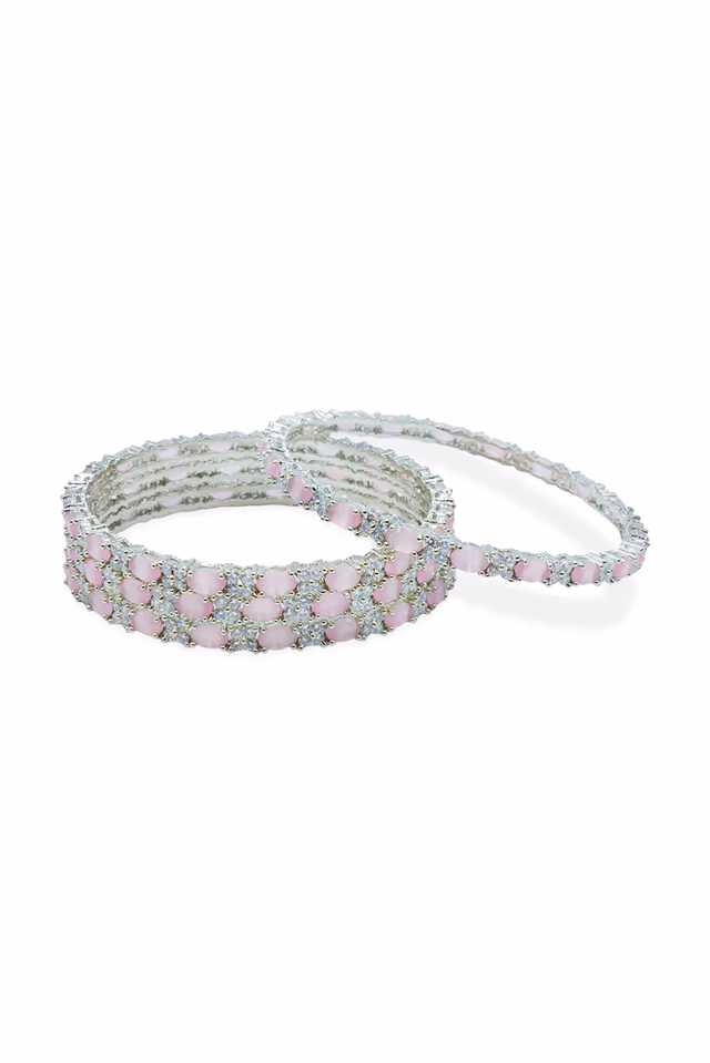 Silver Base Slim Pink Stone Bangle — rent in Kochi