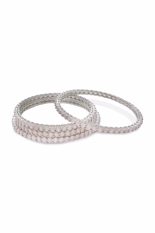 Silver Base Slim Pink Stone Bangle — rent in Kochi