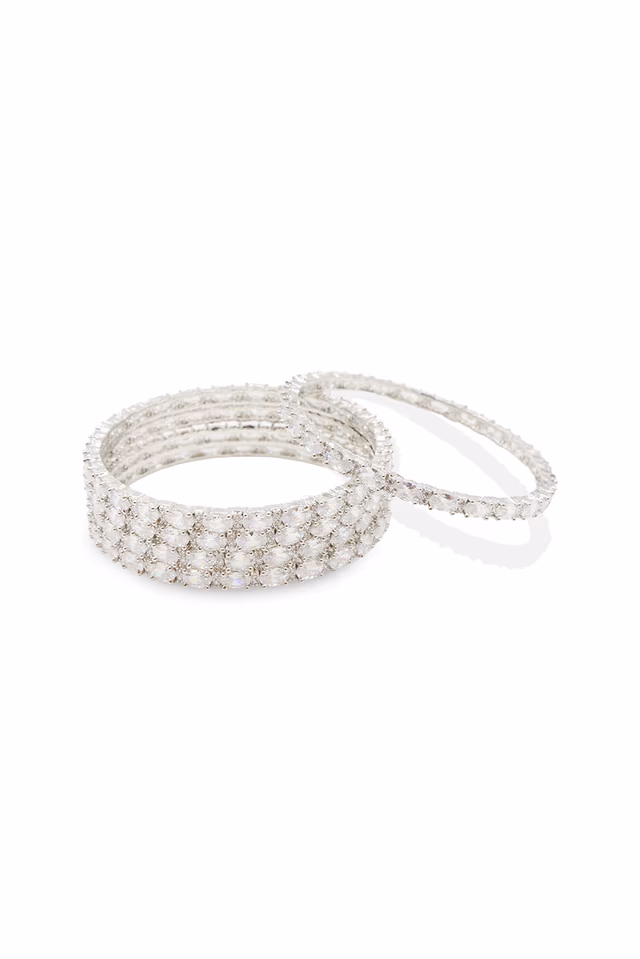 Silver Base Slim White Stone Bangle — rent in Kochi