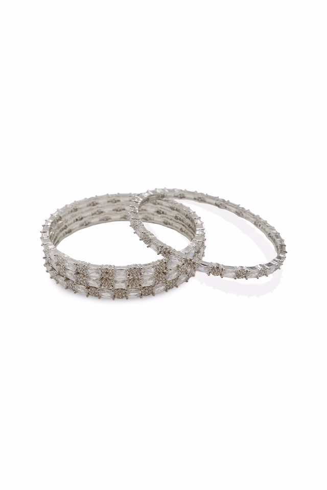 Silver Base White Stone & Diamond-Cut Dual Stone Bangle — rent in Kochi
