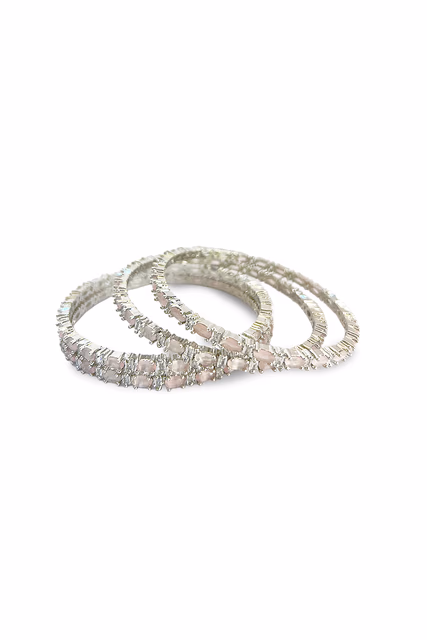 Elegant Silver Toned Bangles Feature Pink Colored Stones For Stunning Royal Appeal — rent in Bangalore