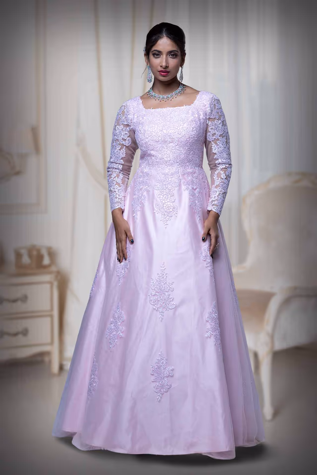 Baby Pink A-Line Gown — back view, rent in Kochi