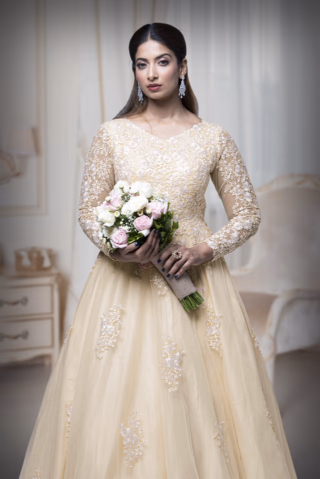 Champagne Single Umbrella Gown — rent in Kochi