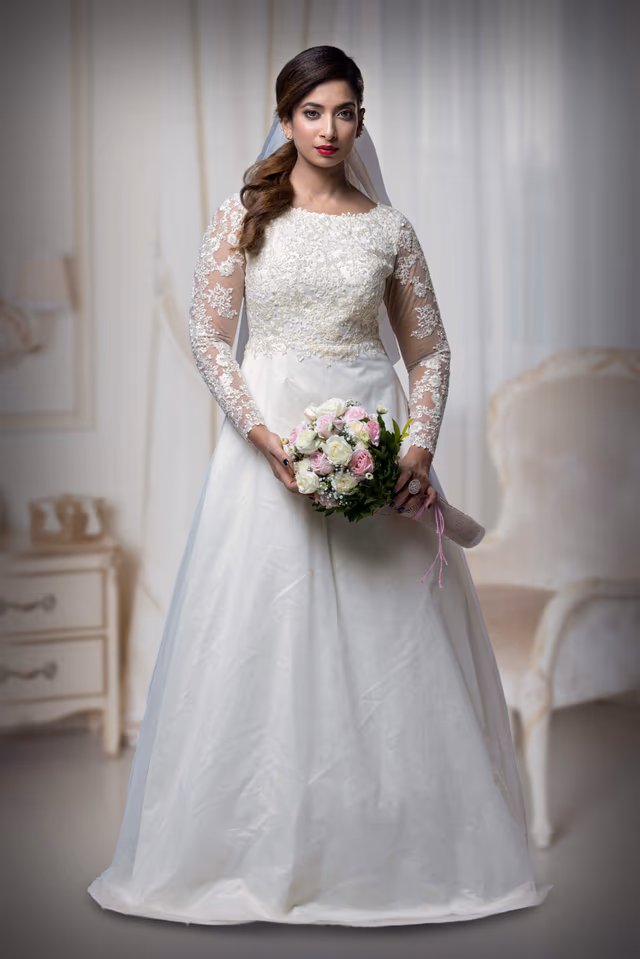 Dark Ivory A-Line Gown — back view, rent in Kochi
