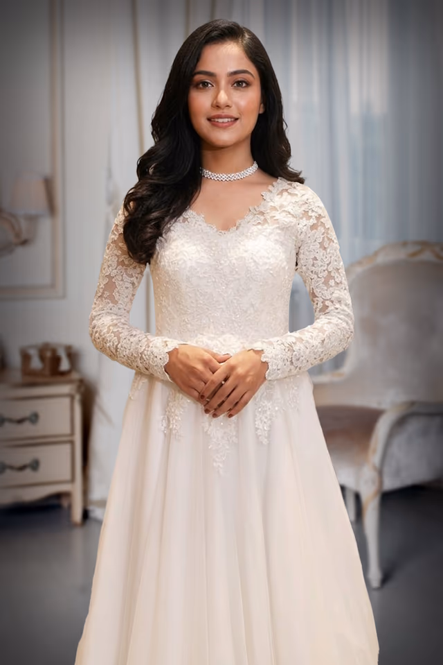 Elaborate White Lace and Tulle Wedding Gown  with lace applique work — rent in Kochi