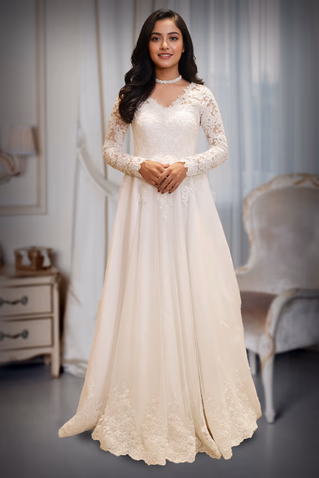 Elaborate White Lace and Tulle Wedding Gown  with lace applique work — back view, rent in Kochi