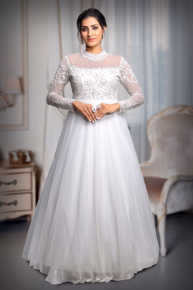 Handworked White Bridal Gown — back view, rent in Calicut