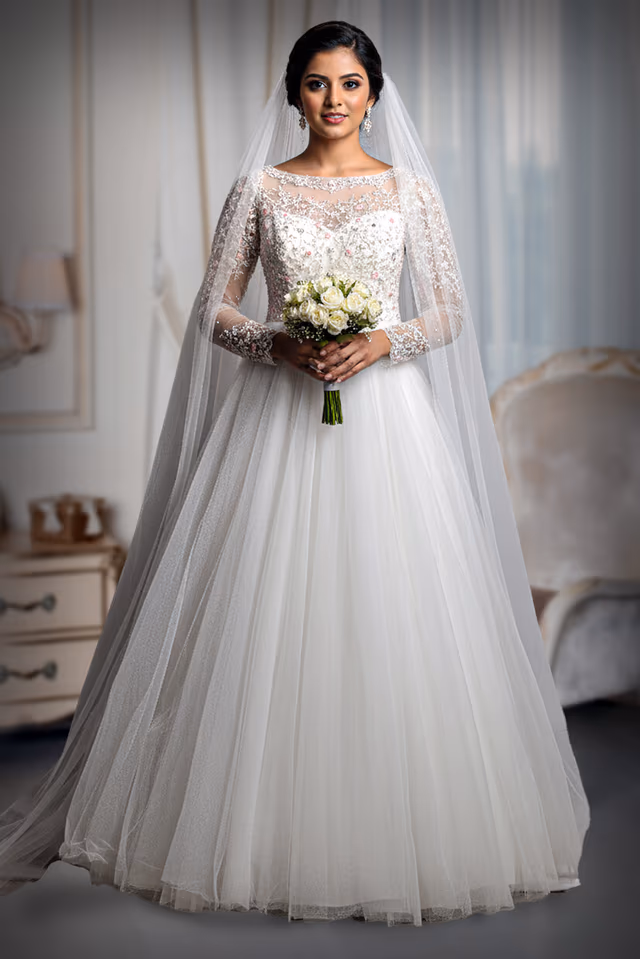 Heavy Handworked White Gown With Heavy Handwork Details On Front And Back Yoke Along With… — back view, rent in Calicut