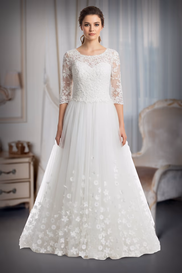Heavy Handworked White Gown With Heavy Lacework Details On Front And Back Yoke Along With… — back view, rent in Calicut