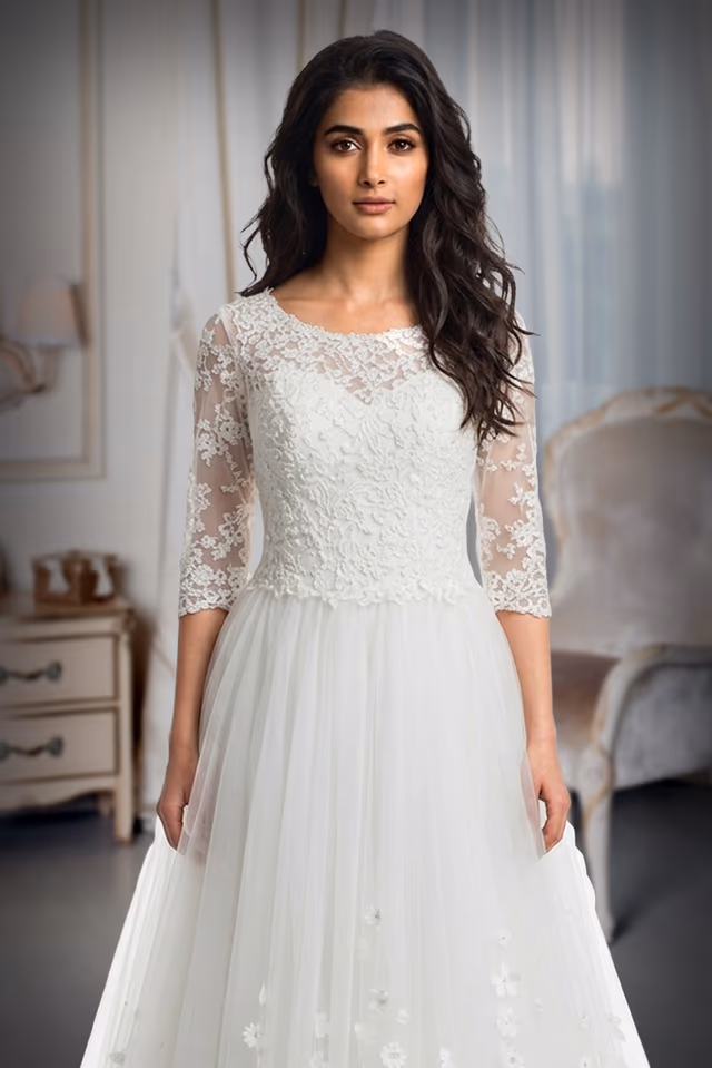 Heavy Handworked White Gown With Heavy Lacework Details On Front And Back Yoke Along With Sleeves — rent in Calicut