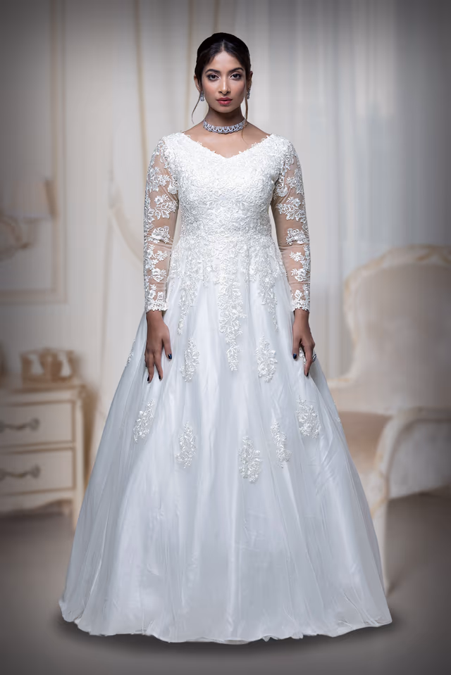 Light Ivory Single Umbrella Gown — back view, rent in Kochi