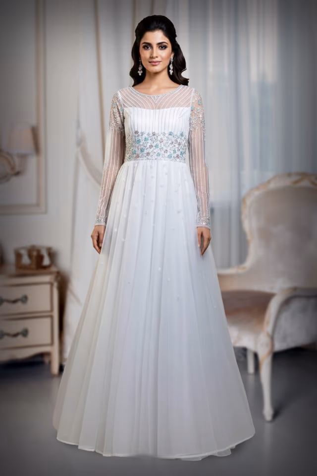 Off White Bridal Gown Featuring Sheer Sleeves And Delicate Floral Embroidery Perfect For A… — back view, rent in Calicut