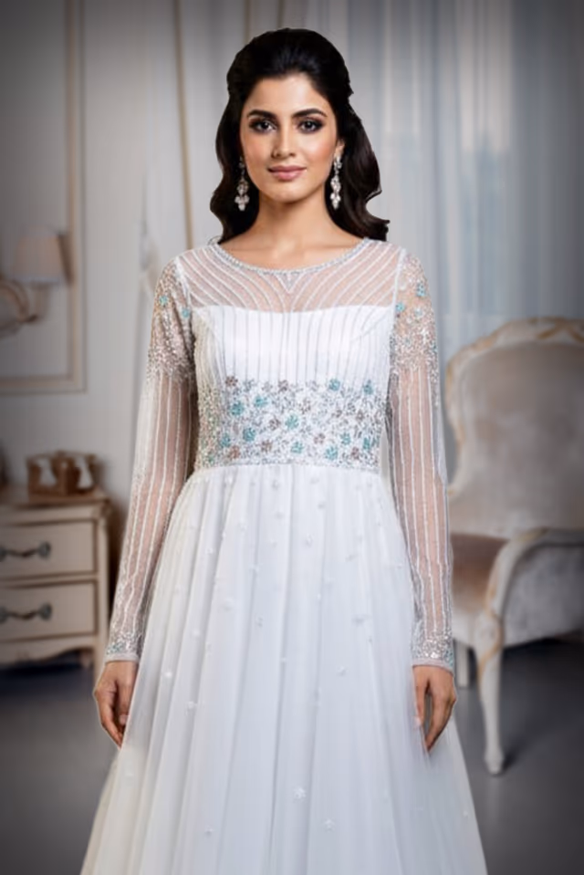 Off White Bridal Gown Featuring Sheer Sleeves And Delicate Floral Embroidery Perfect For A Romantic Wedding — rent in Calicut