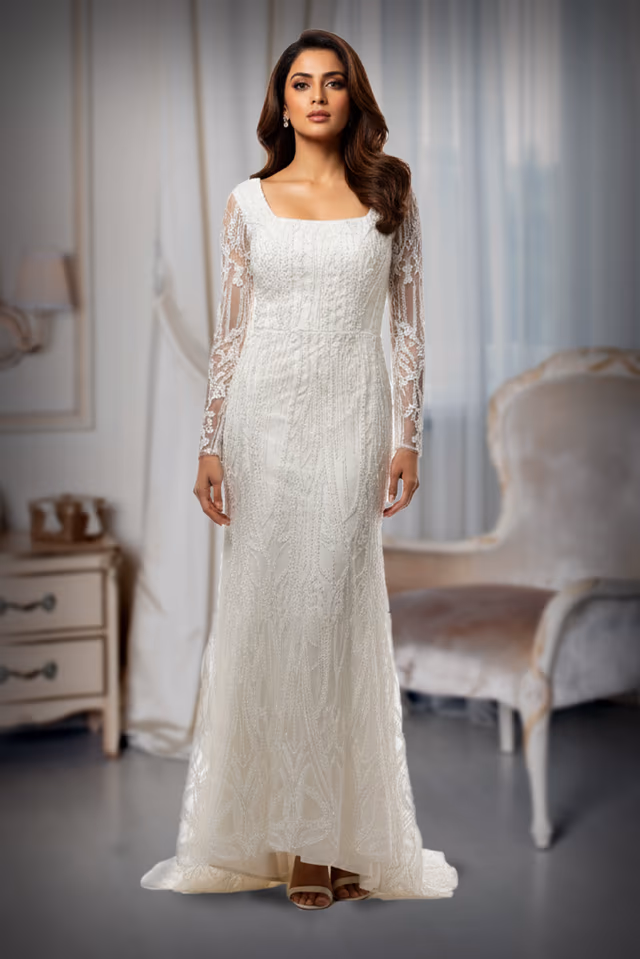 Off white  Sequin Linear Gown with Sheer Full Sleeves — back view, rent in Kochi