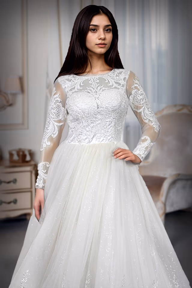 Pure White With Shimmer Detailing Full-Length White Bridal Gown — rent in Bangalore