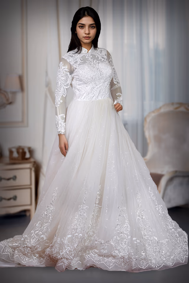 Pure White With Shimmer Detailing Full-Length White Bridal Gown — back view, rent in Bangalore