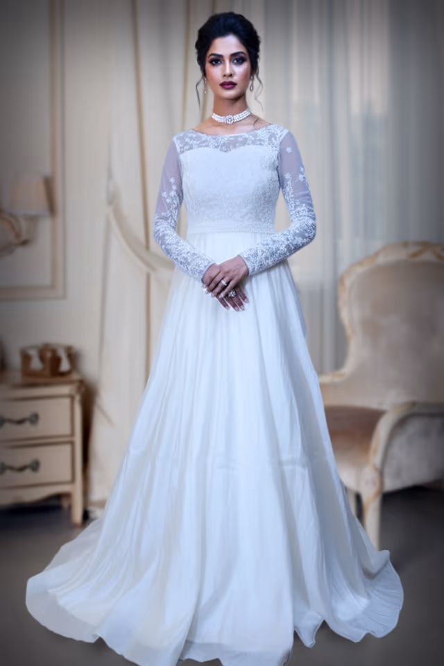 Simple Satin and Lace Full-Sleeve A-Line Wedding Dress — back view, rent in Kochi