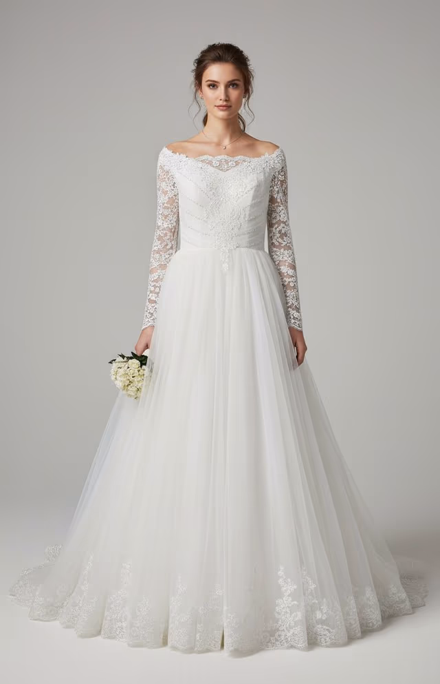 White Bidal Gown with lace worked and full sleeve — back view, rent in Coimbatore