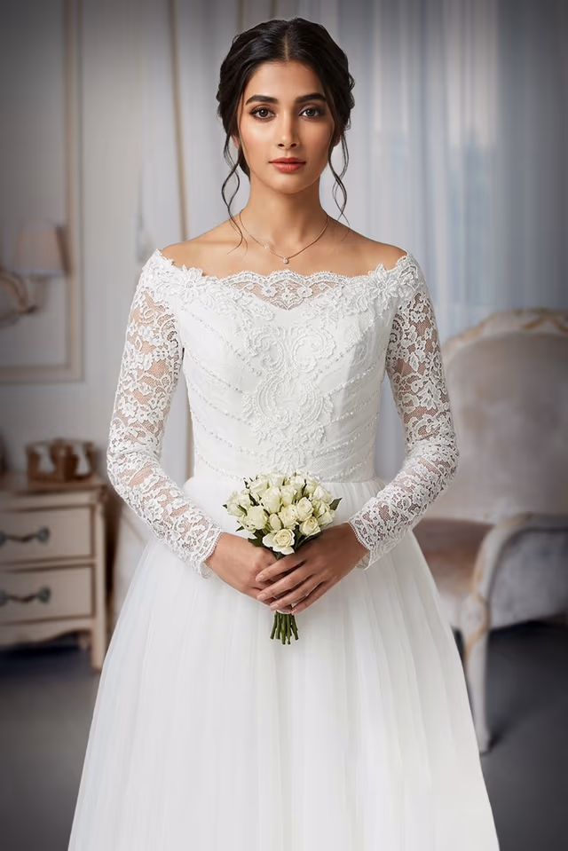 White Bidal Gown with lace worked and full sleeve — rent in Coimbatore