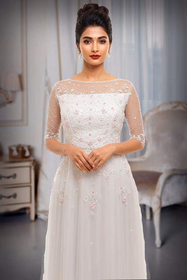 White or Ivory Floral Embroidered Gown with Pearls — rent in Kochi